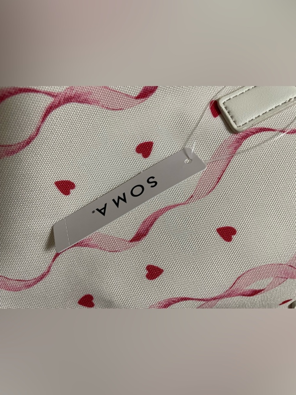 Soma White Tote with Pink Ribbon & Heart Print NWT - Picture 2 of 6